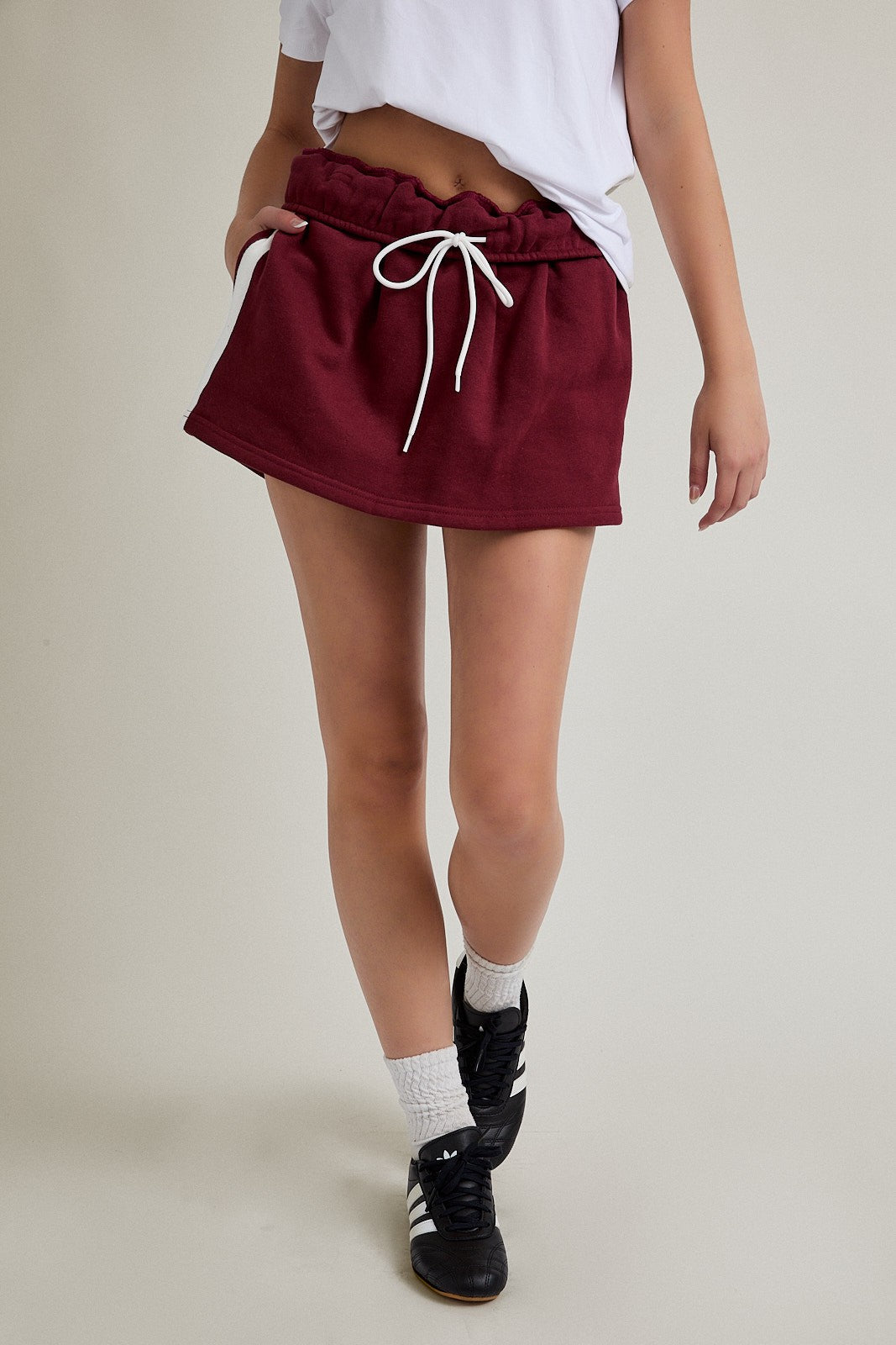 Burgundy Folded Waist Mini Sweat Skort