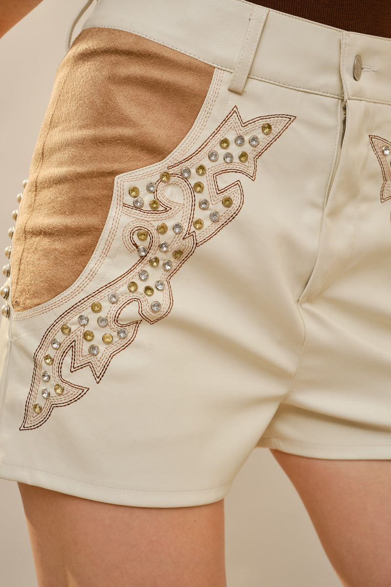 Cream Faux Leather Embellished Shorts