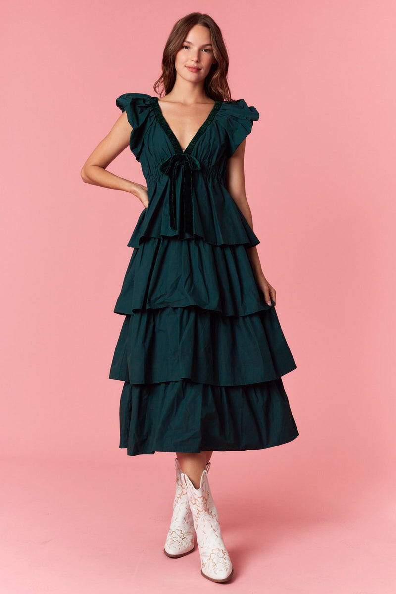 Green Tiered Ruffle Maxi Dress With Velvet Bows