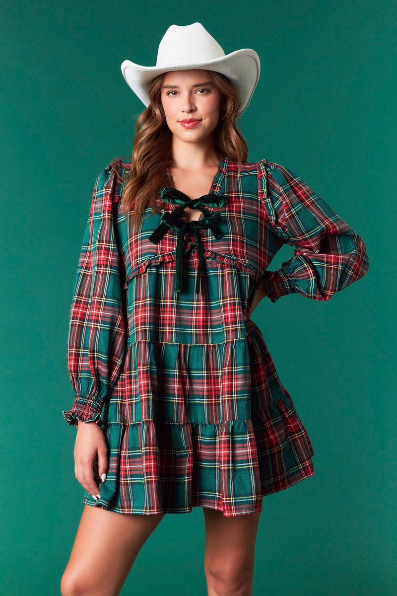 Green Plaid Ruffle Tiered Mini Dress