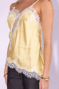 Yellow Satin Lace Trim Asymmetrical Tank Top