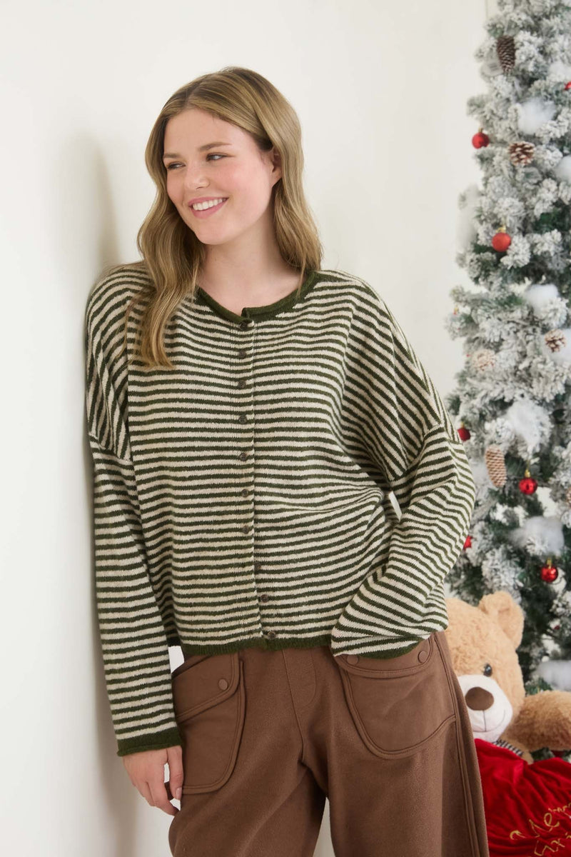 Green Striped Soft Knit Button Down Cardigan Top