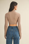 Beige Ribbed Twist Front Cropped Sweater