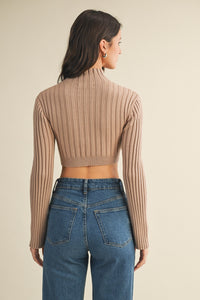Beige Ribbed Twist Front Cropped Sweater