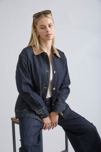 Jamie Dark Wash Denim Barn Jacket With Contrasting Collar