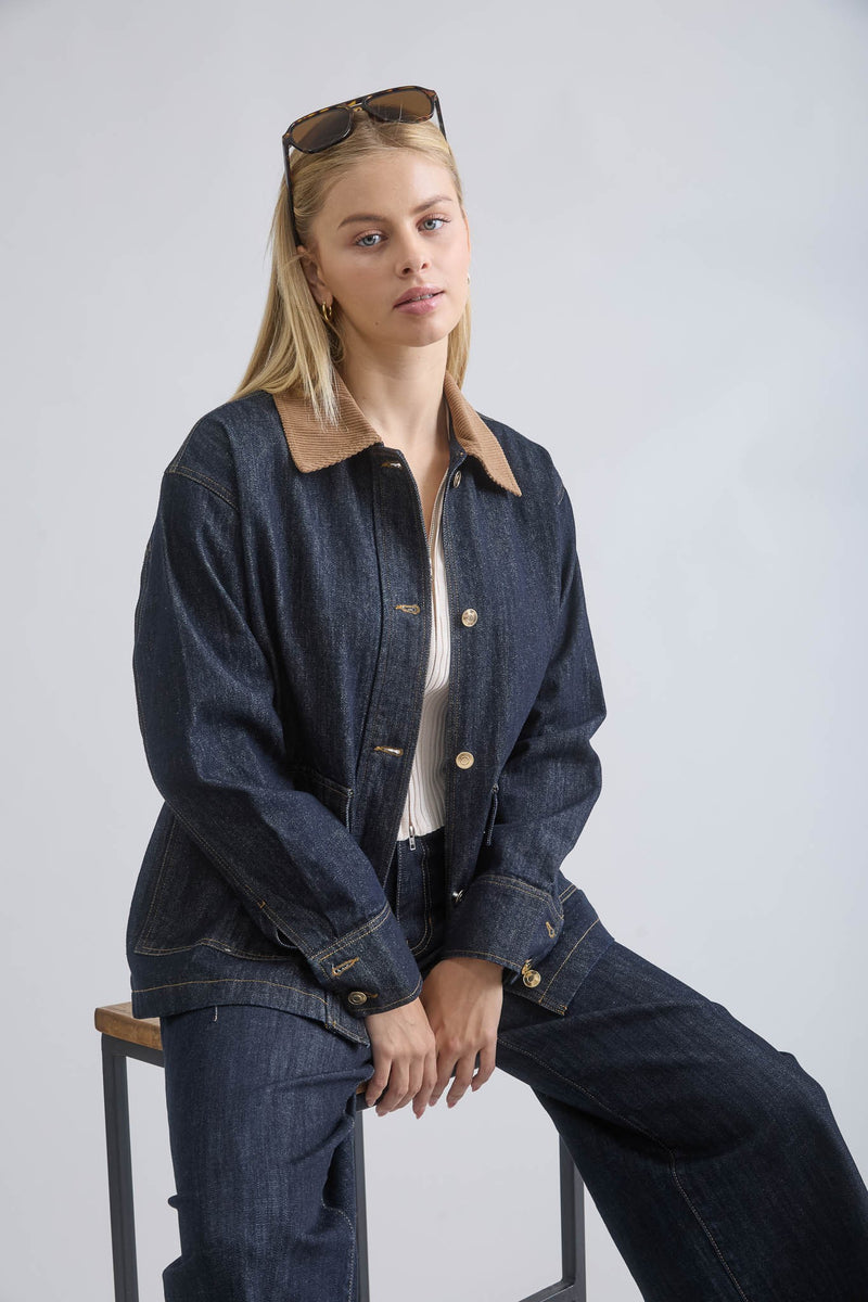 Jamie Dark Wash Denim Barn Jacket With Contrasting Collar