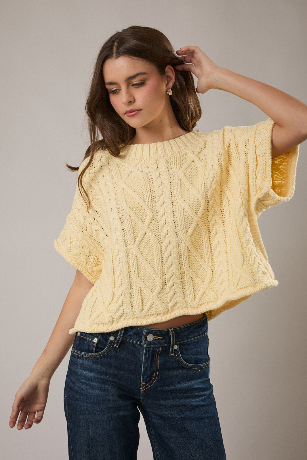 Butter Yellow Short Sleeve Cable Knit Sweater