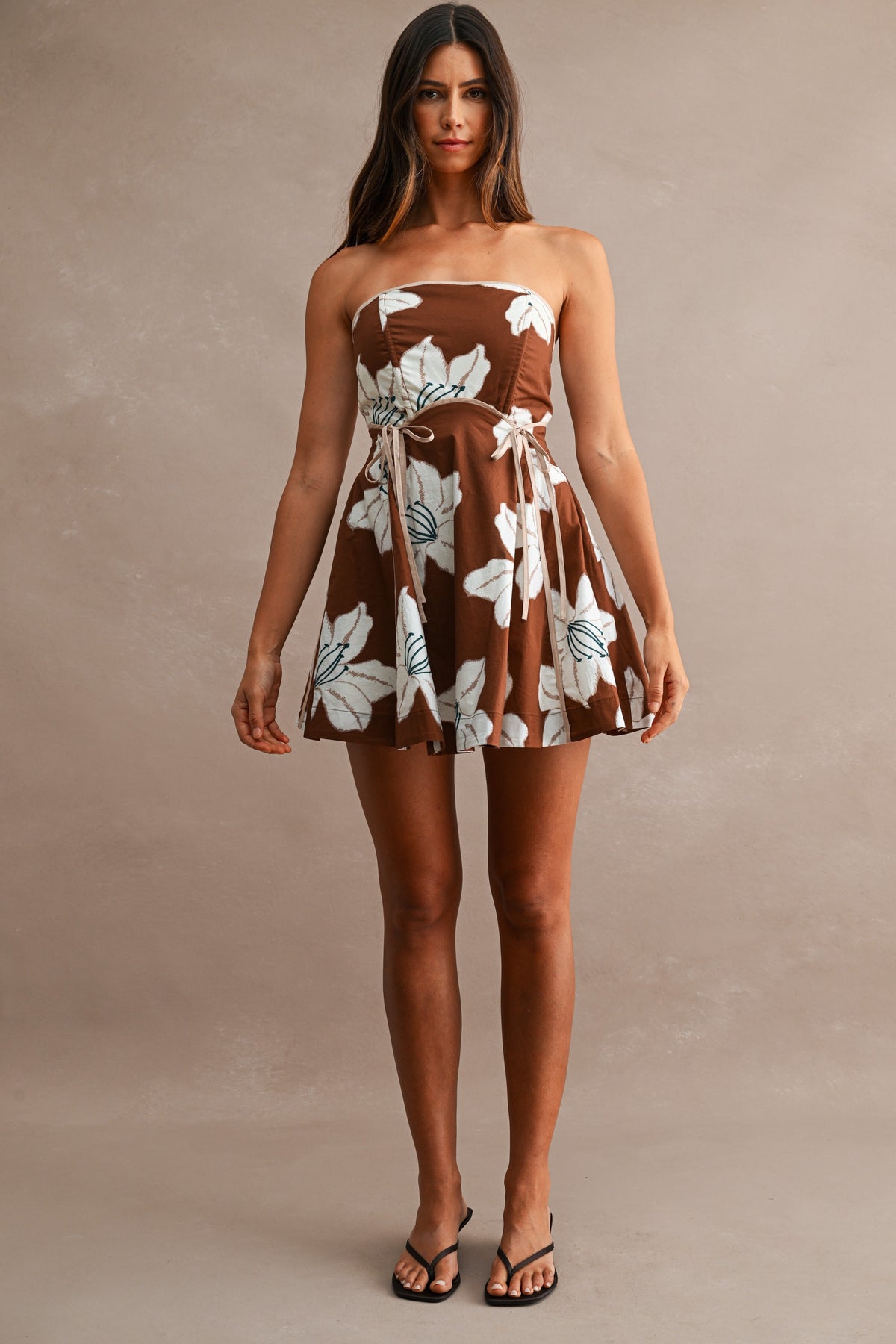 Brown Floral Print Strapless Contrast Piping Detail Mini Dress