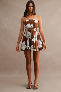 Brown Floral Print Strapless Contrast Piping Detail Mini Dress