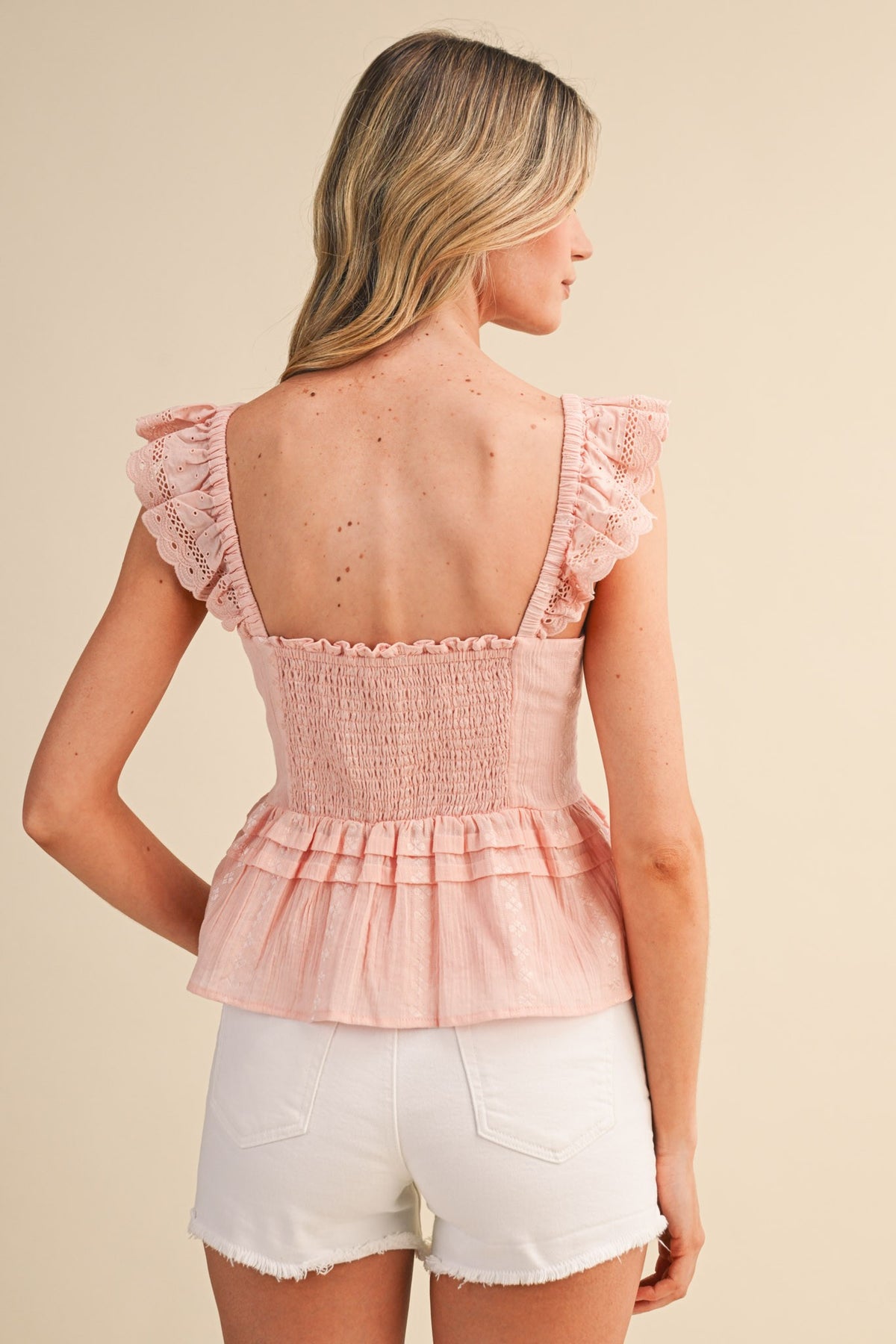 Eyelet Flutter Sleeve Peplum Top - Pink