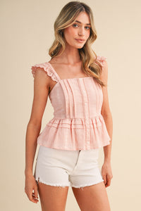 Eyelet Flutter Sleeve Peplum Top - Pink
