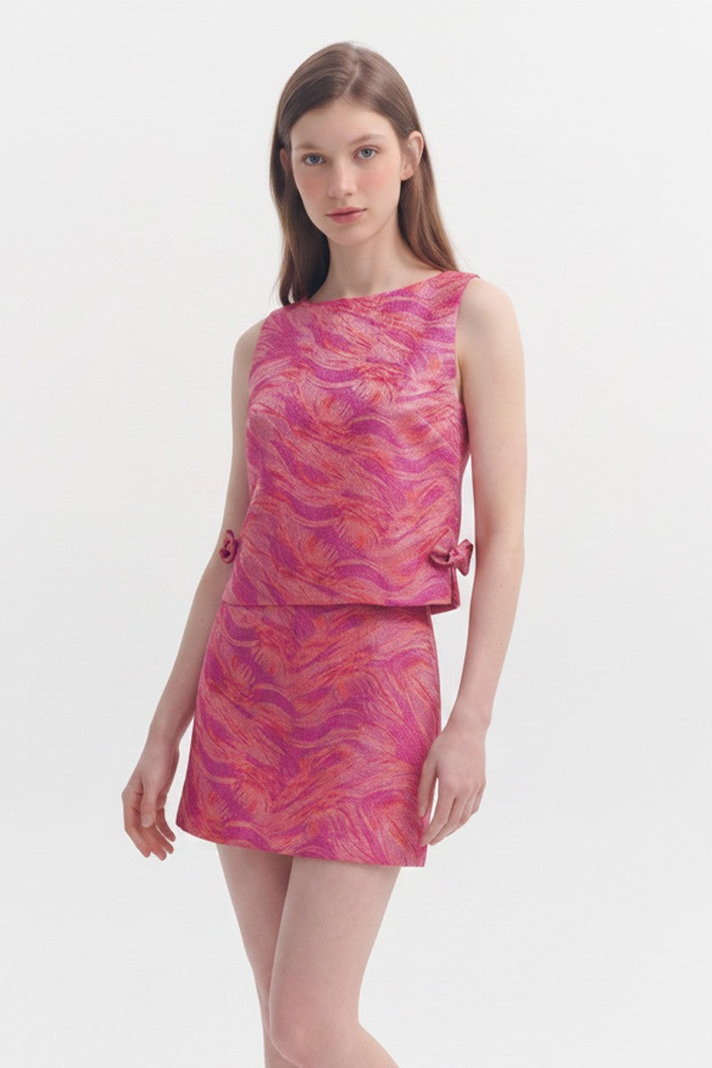 Fuchsia and Coral Swirl Brocade Mini Skirt Set