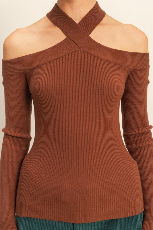 Brown Criss Cross Neck Knit Top