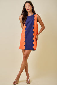 Navy and Orange Scallop Block Shift Dress