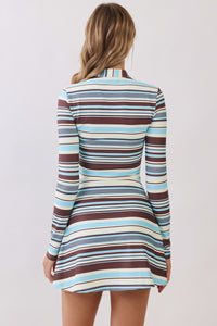 Blue and Brown Multi-Stripe Cropped Athletic Zip Jacket