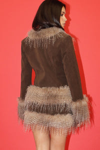 Chocolate Brown Faux Suede Feather Trim Jacket and Skirt Set