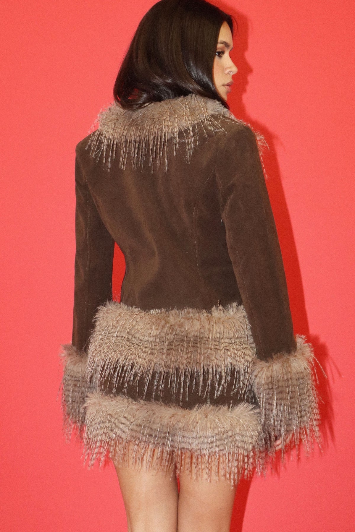 Chocolate Brown Faux Suede Feather Trim Jacket and Skirt Set