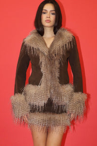 Chocolate Brown Faux Suede Feather Trim Jacket and Skirt Set
