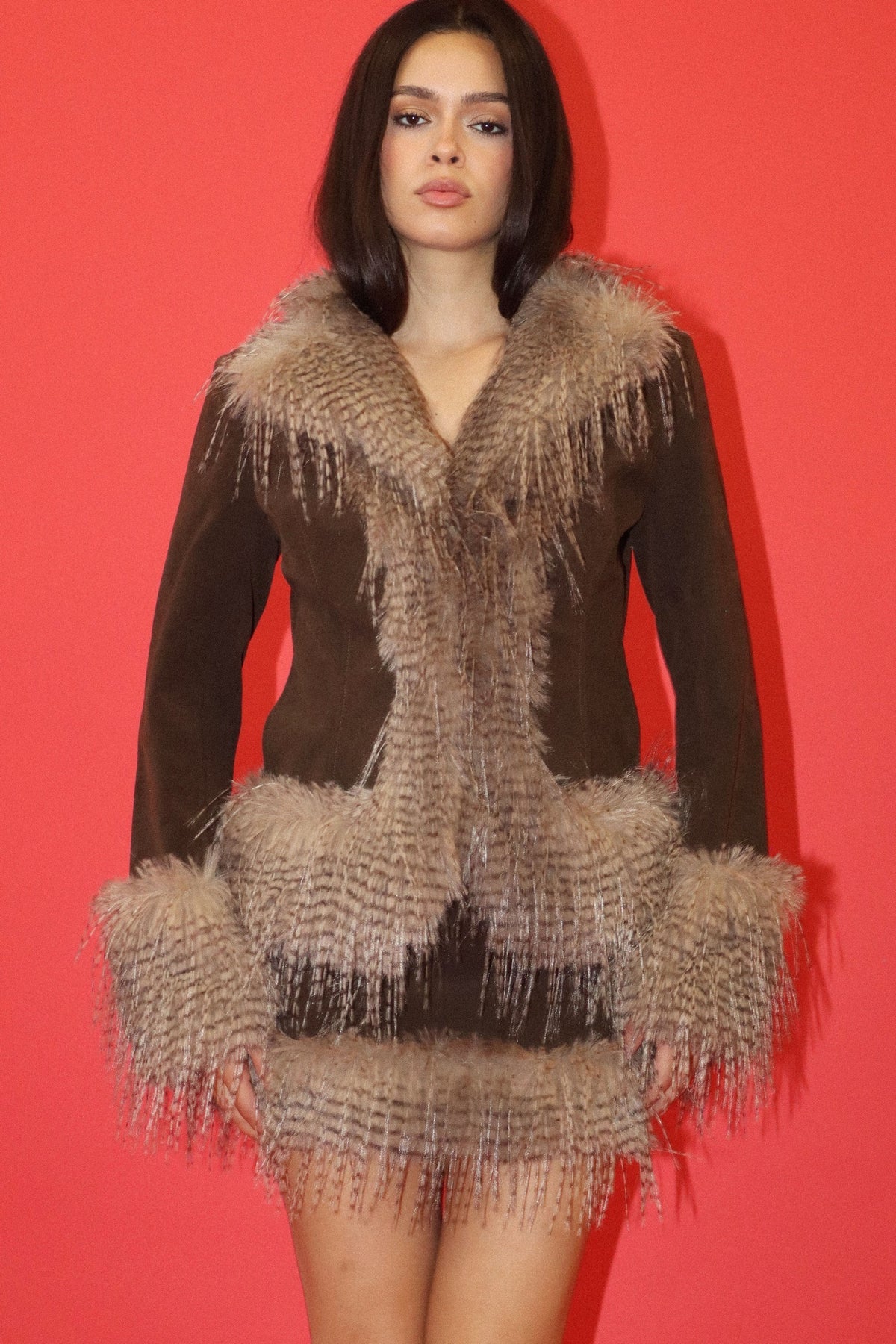 Chocolate Brown Faux Suede Feather Trim Jacket and Skirt Set