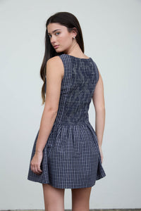 Midnight Navy Plaid Boat Neck Sleeveless Mini Dress