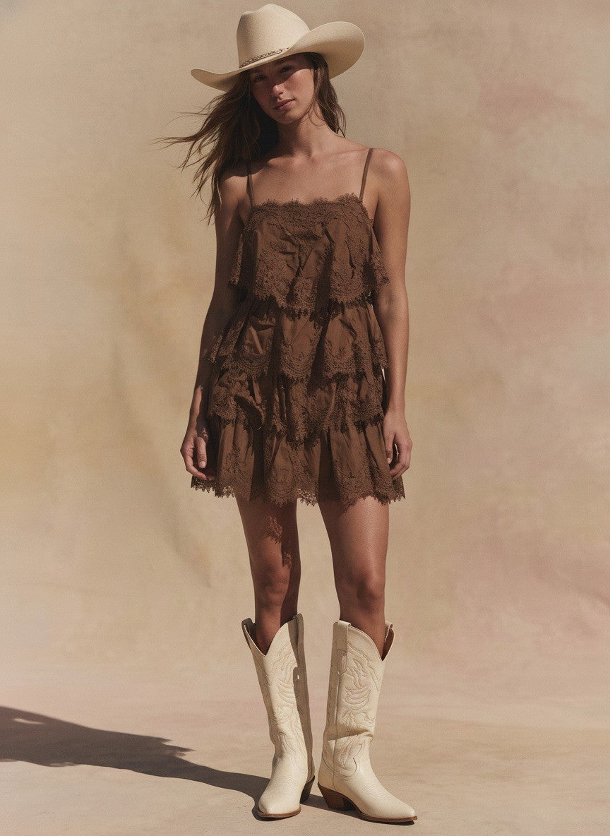 Chestnut Tiered Lace-Trim Mini Dress