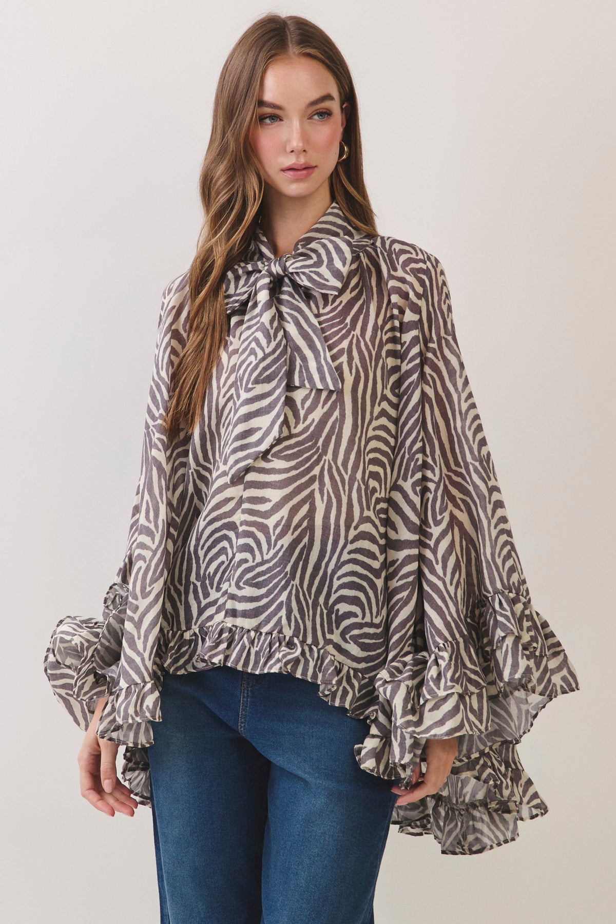 Espresso Zebra Print Tie Neck Ruffle Cape Poncho Blouse