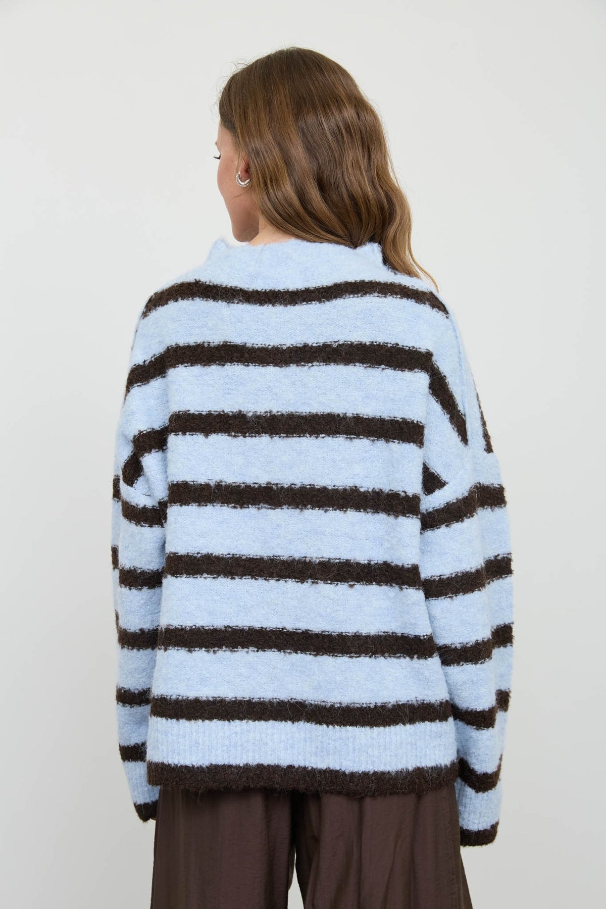 Baby Blue and Brown Striped Fuzzy Knit Cardigan