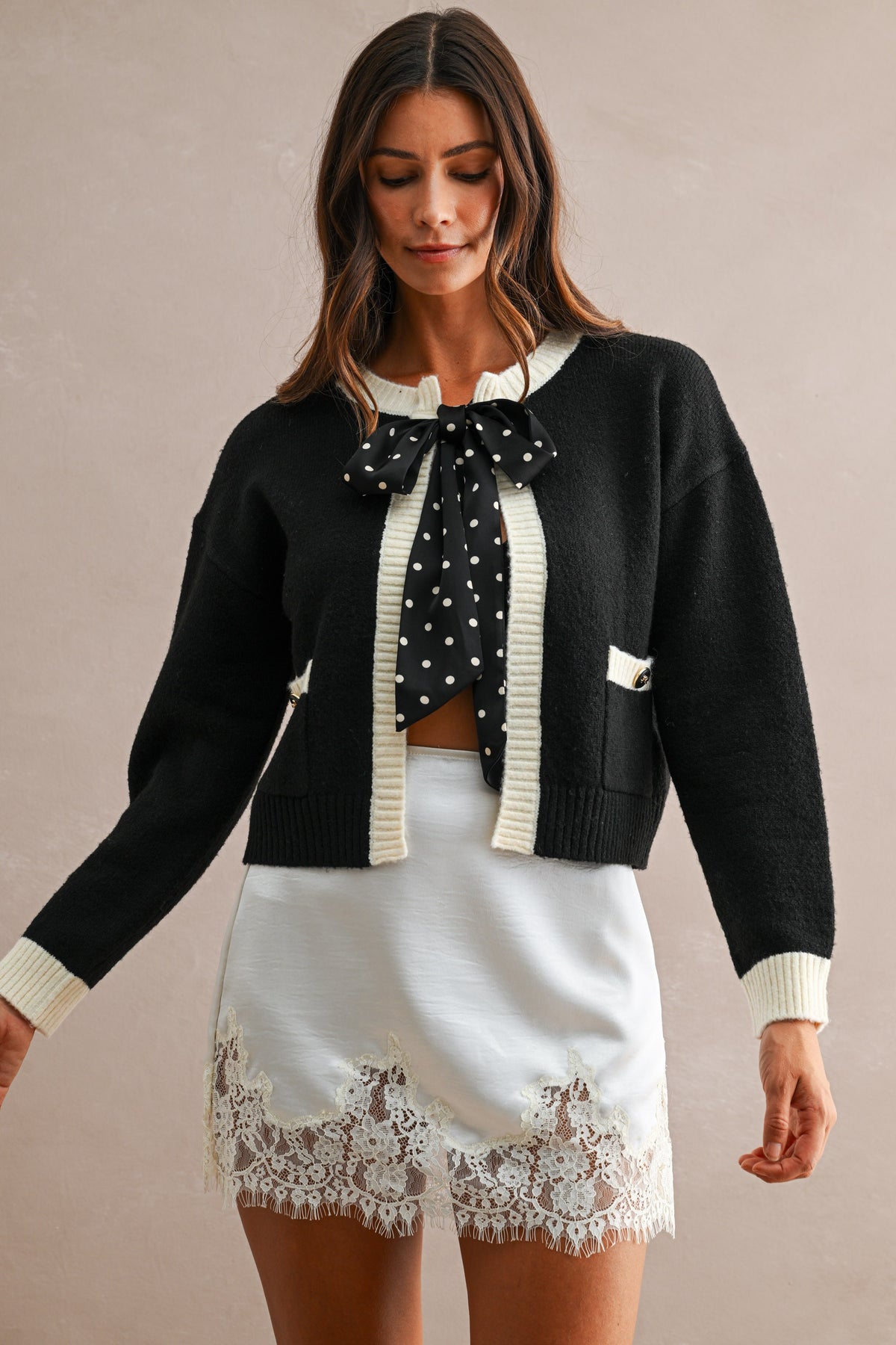 Cream Lace Trim Mini Satin Skirt