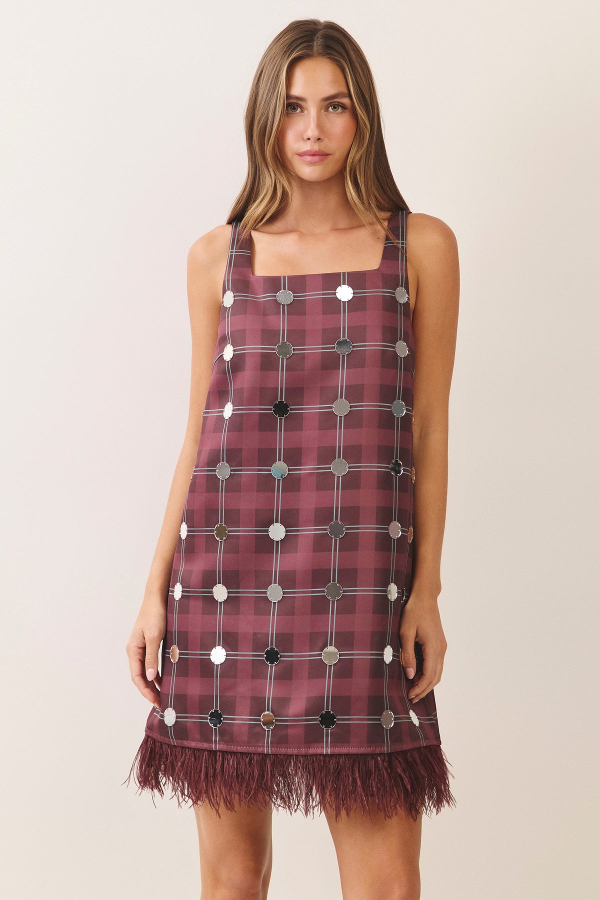 Burgundy Plaid Mirror Trim Feather Hem Mini Dress
