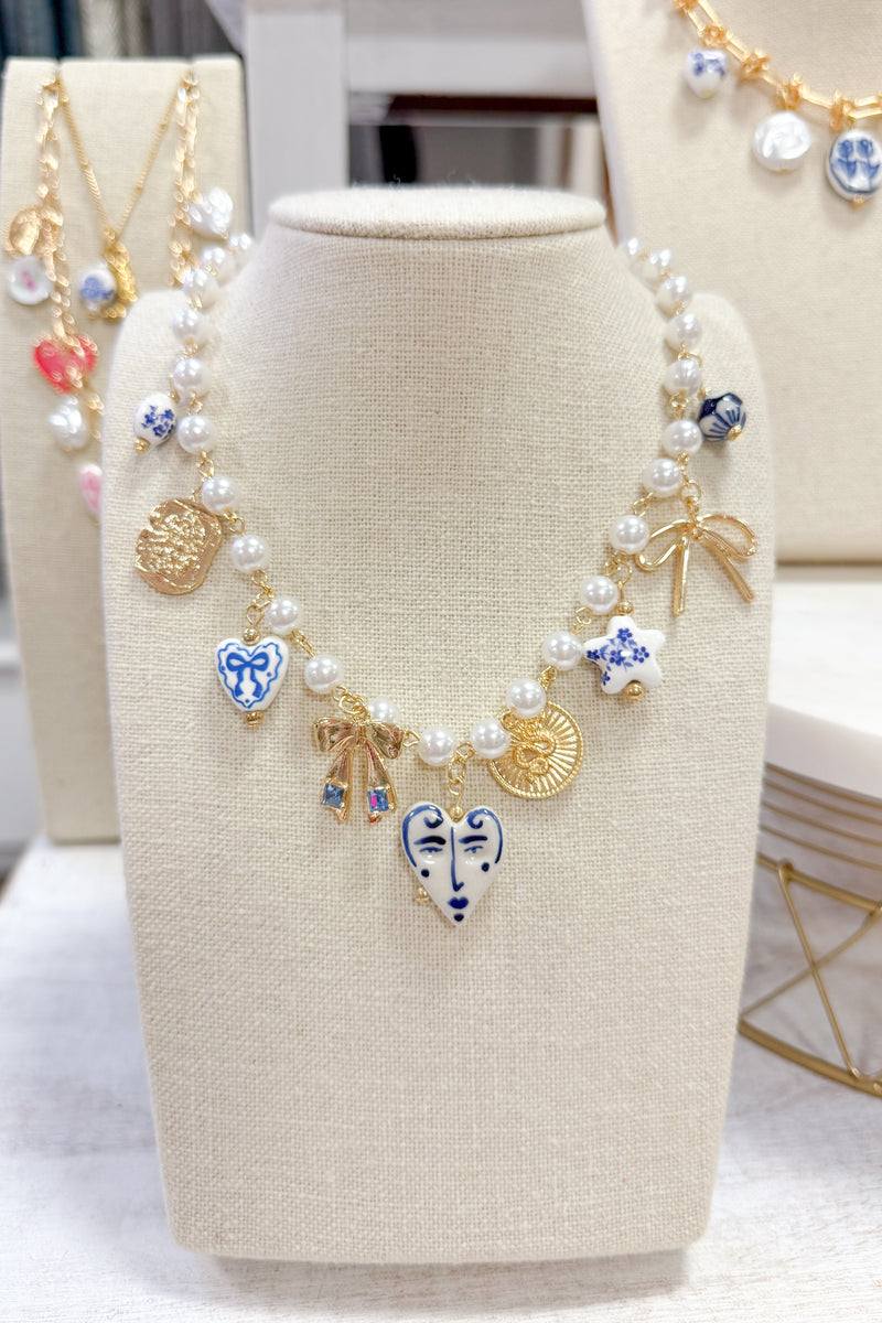 Blue & Bows Pearl Chain Charm Necklace