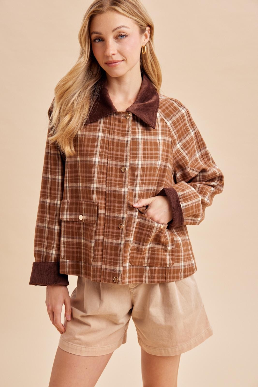 Brown Plaid Corduroy Trim Barn Jacket