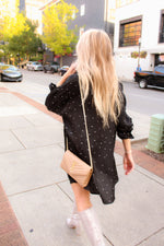 Black Rhinestone Satin Shirt Dress