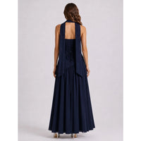 Navy Blue Scarf Detail Sheer Hem Maxi Dress