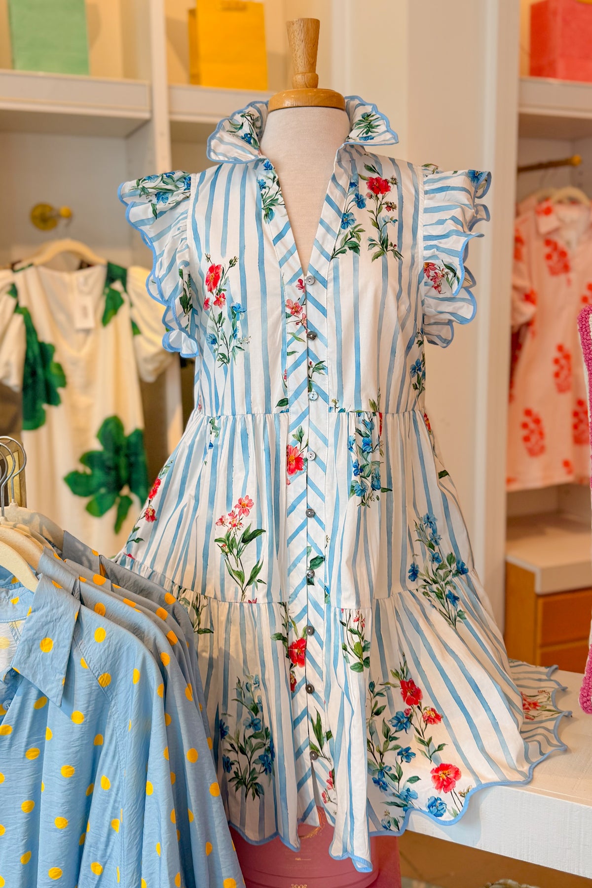 Blue Striped Floral Ruffle Sleeve Mini Dress - Kendry Collection Boutique