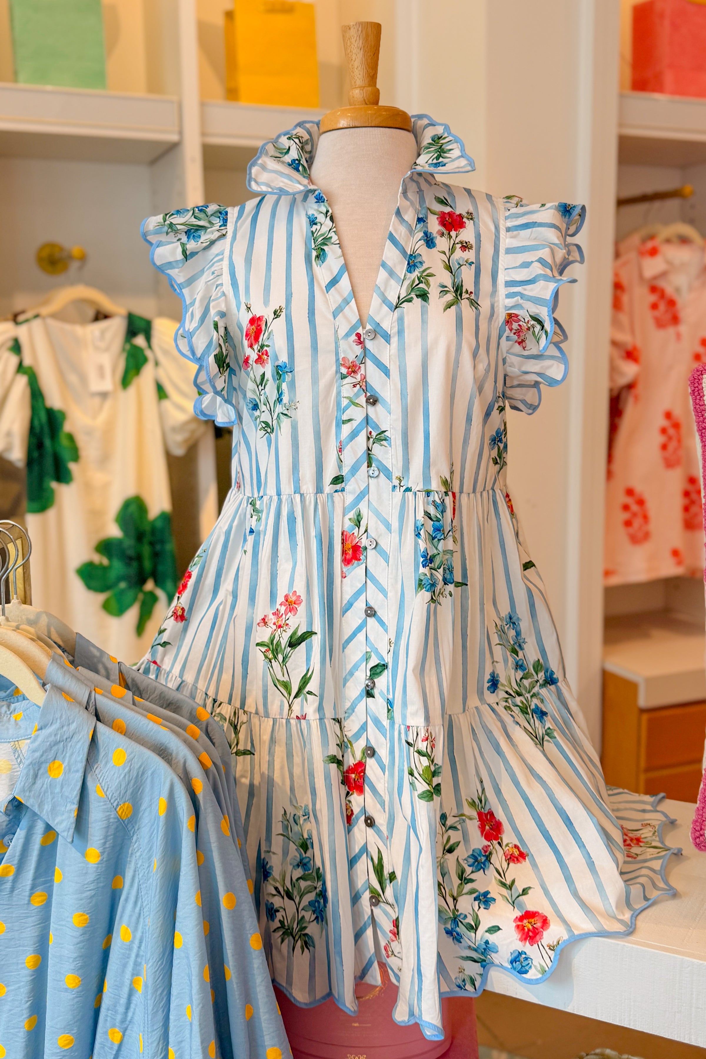 Blue Striped Floral Ruffle Sleeve Mini Dress - Kendry Collection Boutique