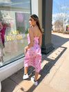 Pink Satin Produce Pattern Tube Midi Dress