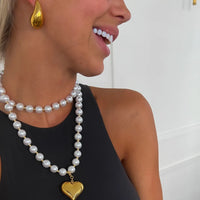 Gold Puffy Heart Pendant Pearl Necklace
