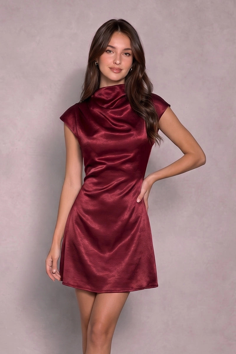 Burgundy Satin Mock Neck Cowl Mini Dress