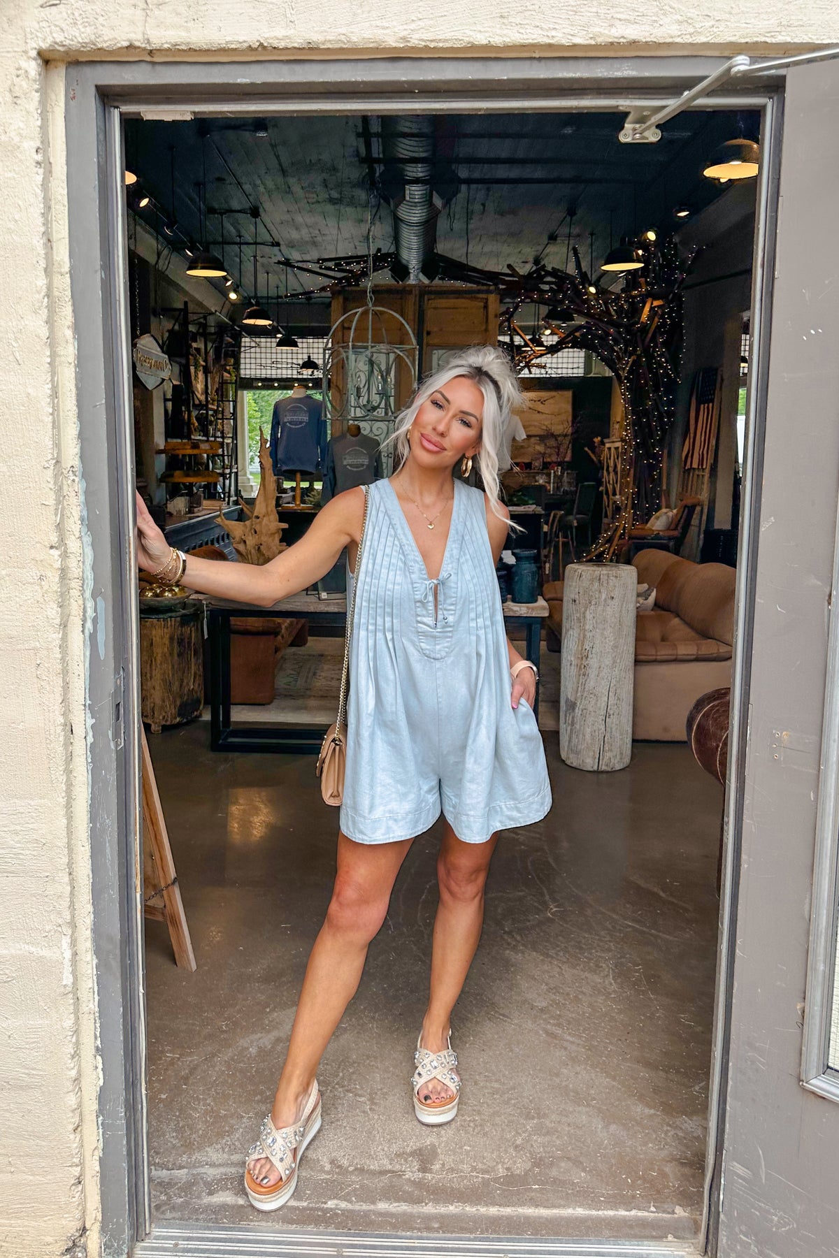 Pleated Denim Front Tie Romper