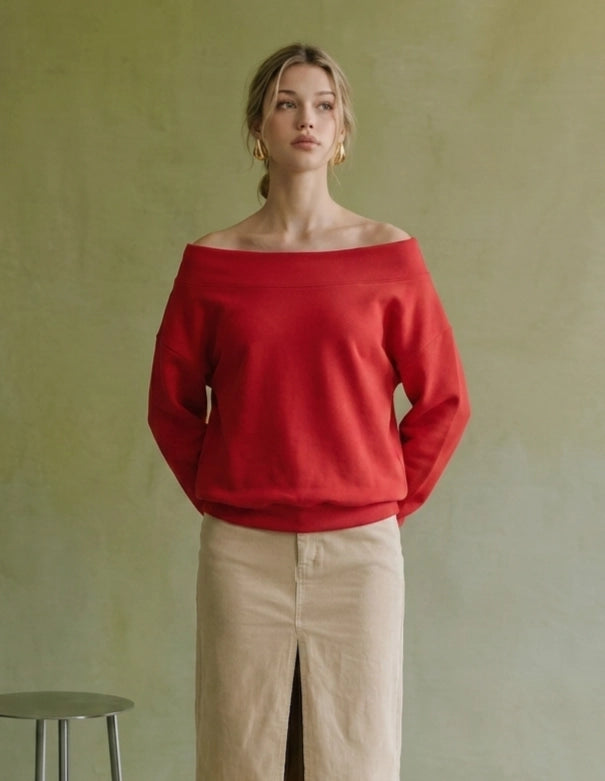 Red Off the Shoulder Fleece Sweatshirt