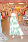 Green and White Striped Maxi Dress With Open Back