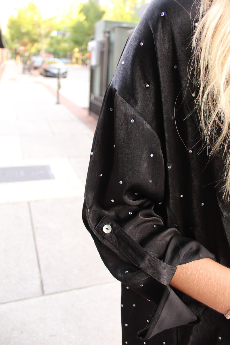 Black Rhinestone Satin Shirt Dress