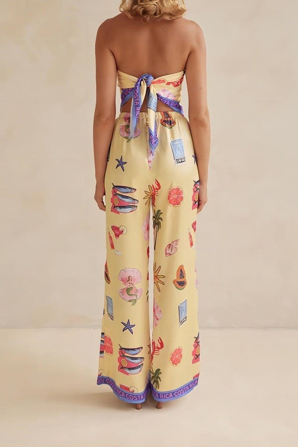 Yellow Costa Rica Satin Scarf Top and Pants Set