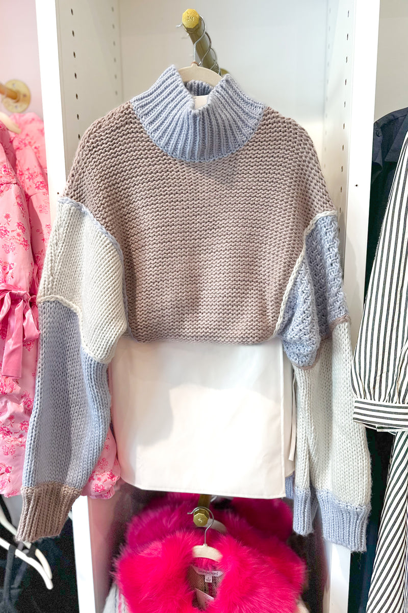 Blue and Cream Color Block Turtleneck Sweater