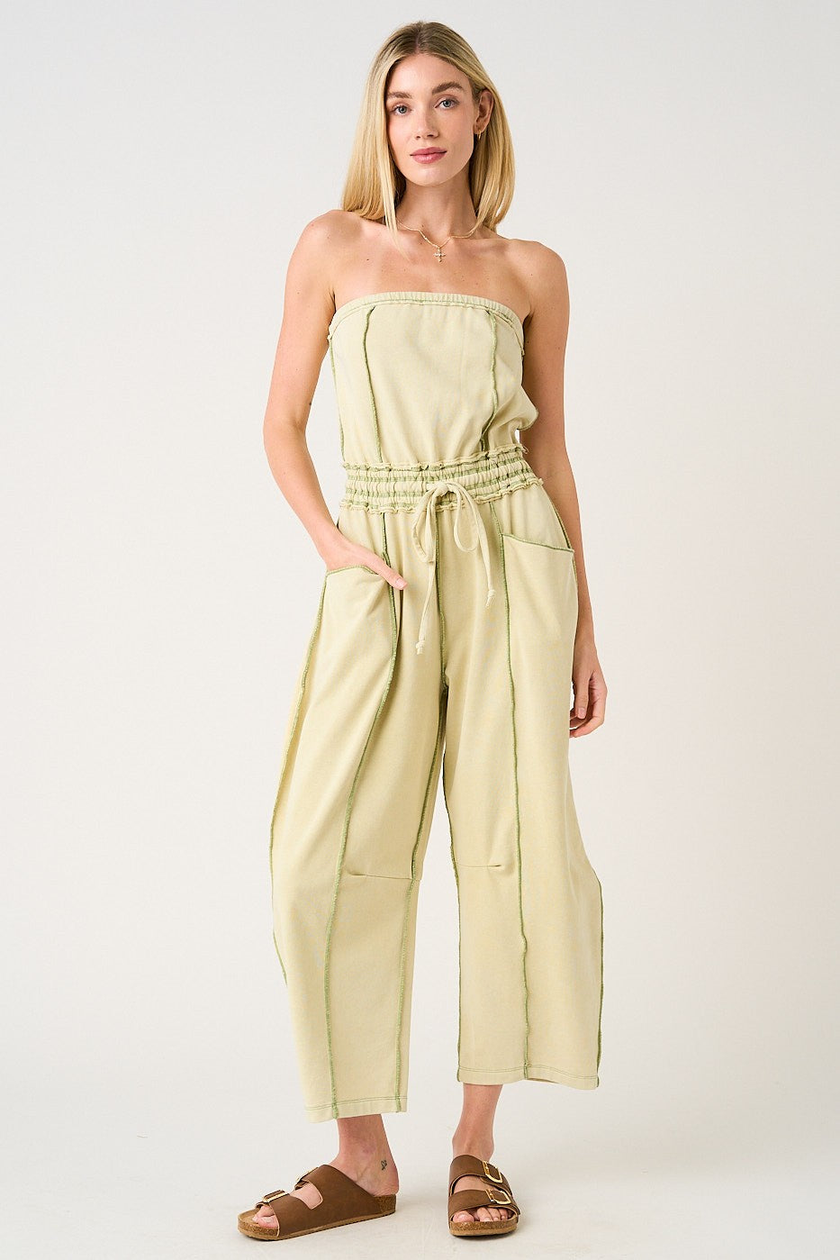 Lime Green Contrast Stitch Barrel Leg Jumpsuit