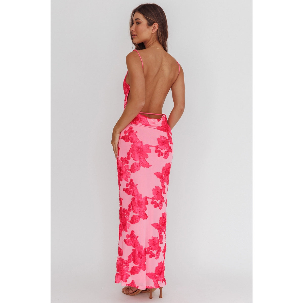Hot Pink Flower Open Back Maxi Dress