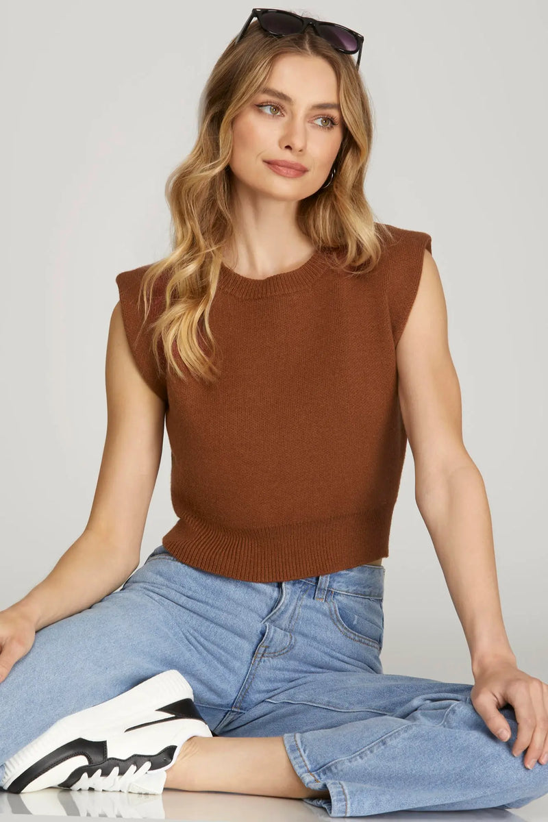 Cinnamon Boxy Shoulder Pad Sleeveless Sweater