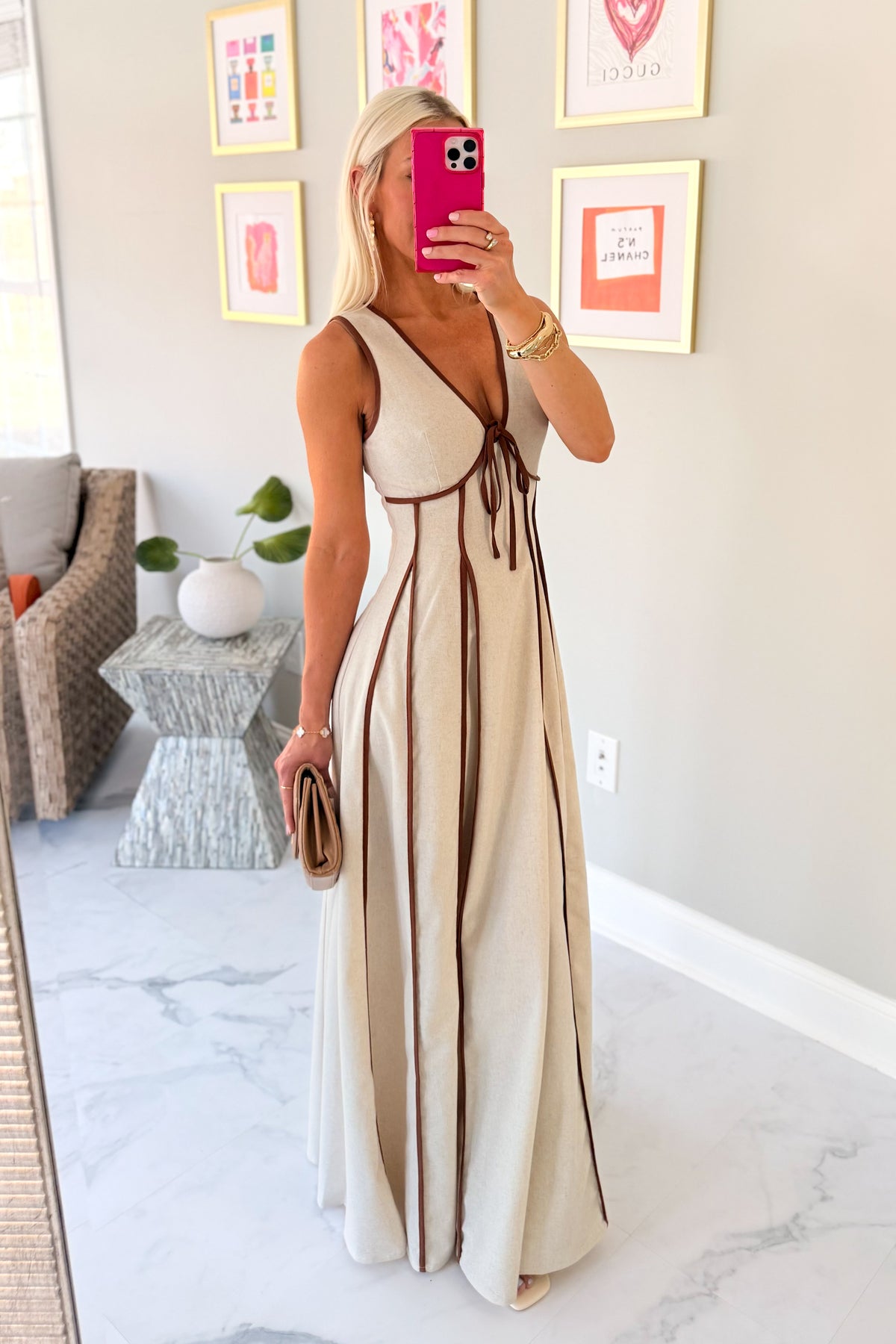 Brown Contrasting Linen Maxi Dress