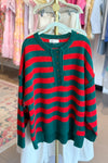 Red and Green Striped Henley Neck Knit Sweater