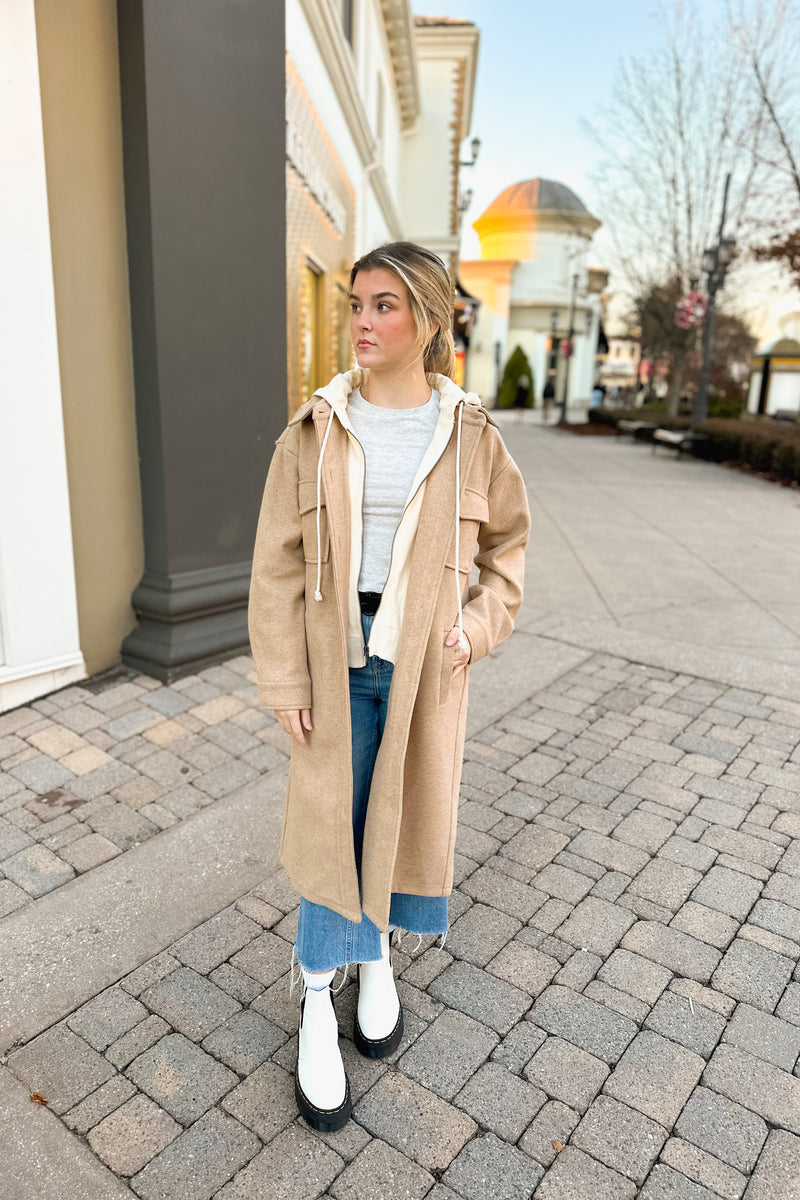 Mocha Longline Jacket With Built In Hoodie